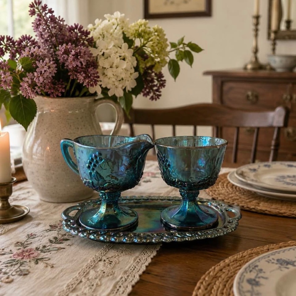 Vintage Indiana Glass Blue Iridescent Harvest Grape Creamer, Sugar & Tray Set
